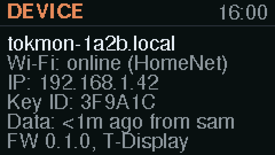 Device page: tokmon-1a2b.local, Wi-Fi online, its IP address, the pairing key ID, data from under a minute ago, firmware 0.1.0.