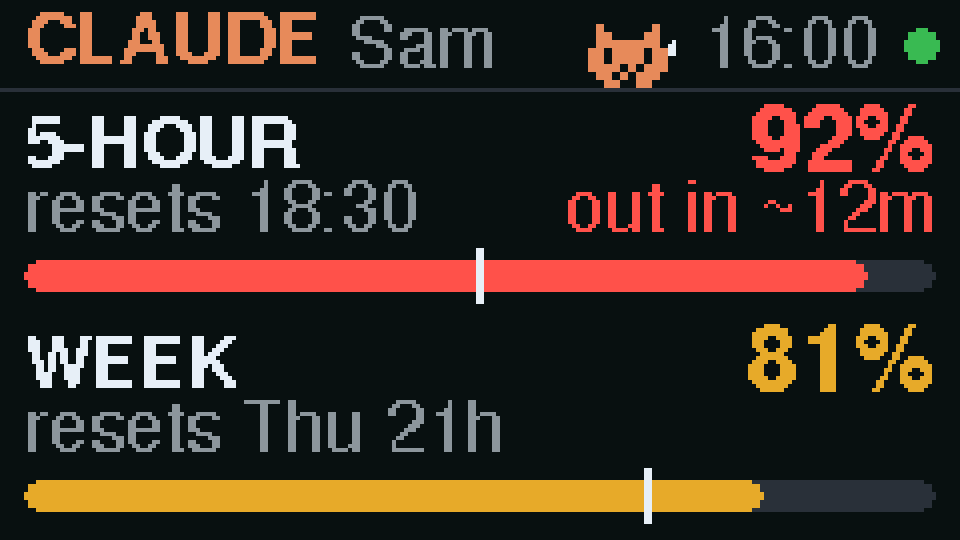 Limits page near the limit: 5-hour 92 percent in red, week 81 percent in amber, and a worried pet.