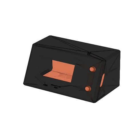 Render of the assembled wedge: a dark block with the board and two orange button caps showing through the face.
